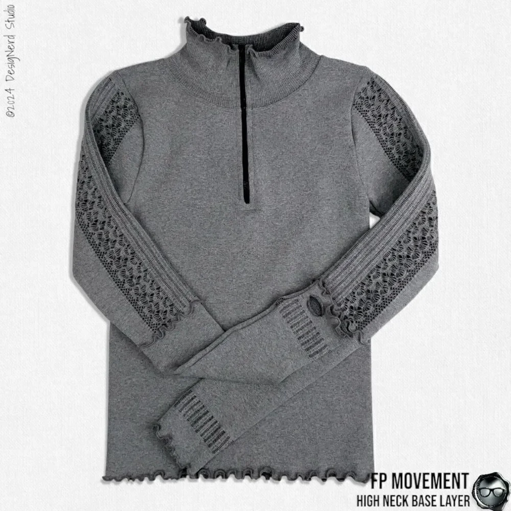 FP MOVEMENT RUFFLE HIGH NECK BASE LAYER QUARTER ZIP LONG SLEEVE TOP IN GREY